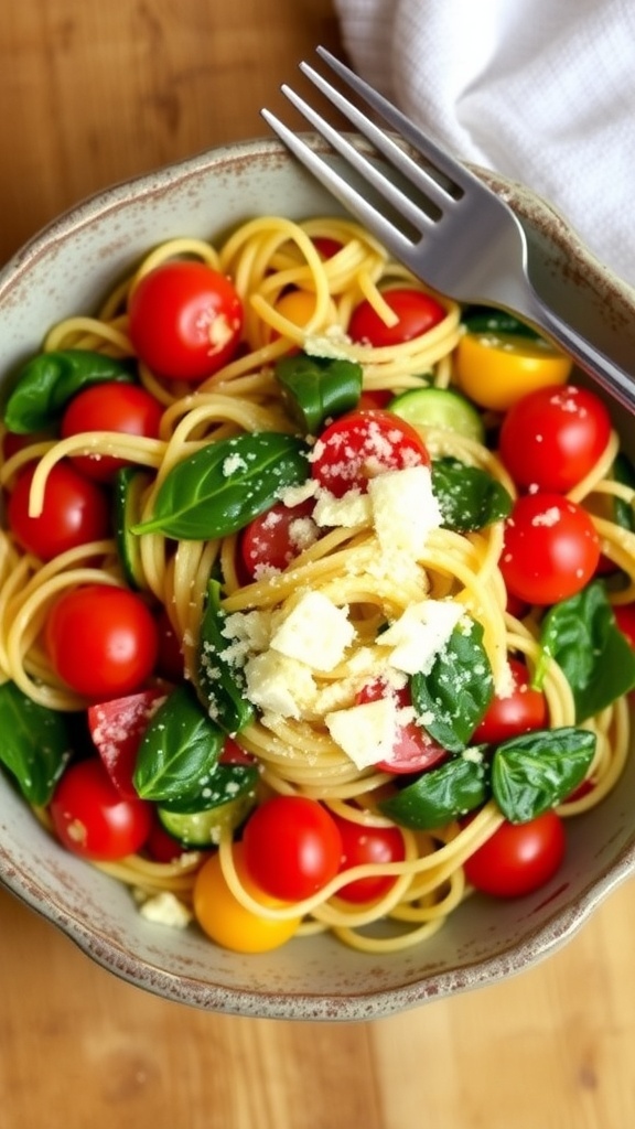 A bowl of Palmini noodles with cherry tomatoes, zucchini, and spinach, garnished with Parmesan cheese.